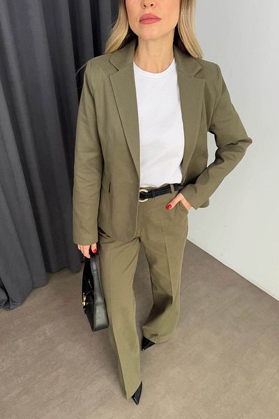 Sue Store Khaki Velvet Thin Ribbed Elastic Waist Palazzo Trousers