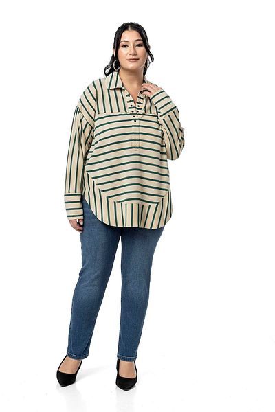 DISENTIS MODEST Plus Size Eyelet Detail V Neck Wide Cut Emerald Green Stripe Blouse