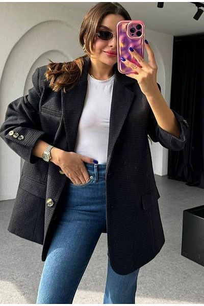 manana fashion Jachetă blazer neagră căptușită cu ștampilă supradimensionată