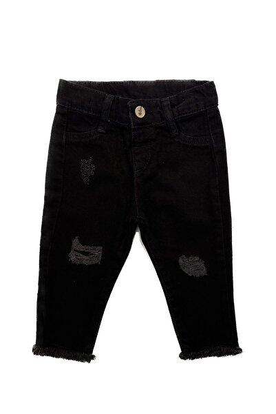 minny max Çocuk Siyah Kot Denim Pantolon Yırtık ve Kesik Detaylı