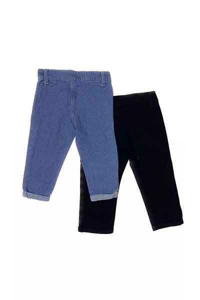 minny max Children's Jean Fray Detailed Trousers 2 Pieces Black and Blue Set