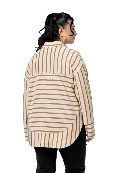 DISENTIS MODEST Plus Size Eyelet Detail V Neck Wide Cut Mink Stripe Blouse