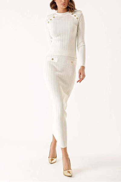 SOCIETA Ekru Düğme detaylı kazak ve etekli takım 28852