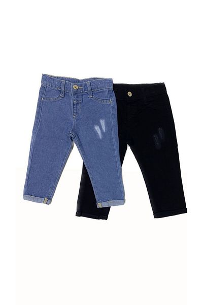 minny max Children's Jean Fray Detailed Trousers 2 Pieces Black and Blue Set