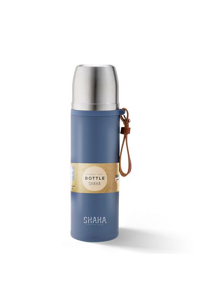SHAHA VACCUM BOTTLE 450ML WITH LEATHER HANDLE BLUE