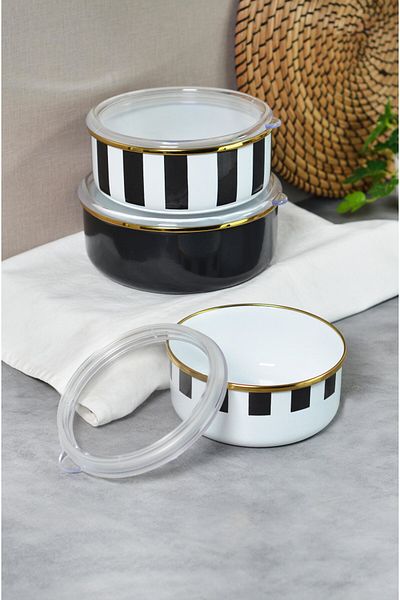 Bayev Enamel Set of 3 Black Striped - Storage Container 201336