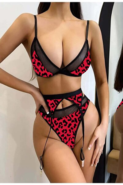 SiaLess Lingerie Red Leopard Garter Set with Digital Print on Fabric