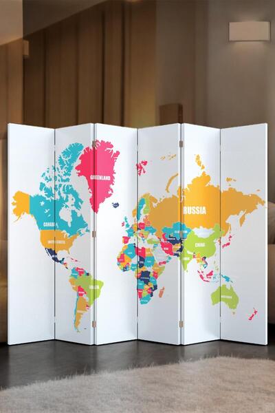 Fupe Shop Doğal Ahşap Dünya Haritası Tek Taraf Baskılı 6 Kanat Paravan Sepera...