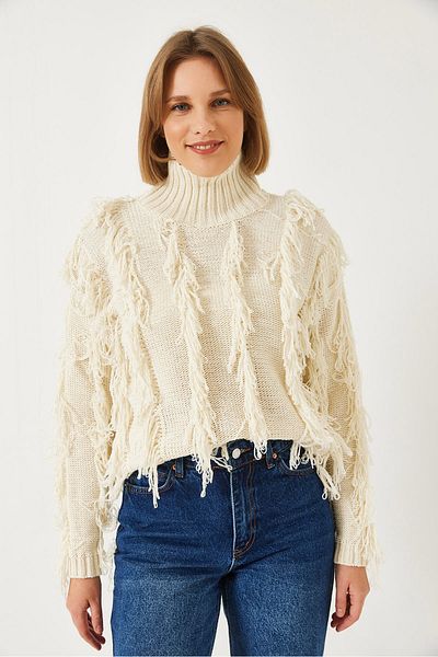 Bianco Lucci Rollkragenpullover mit Fransen für Damen 20246307