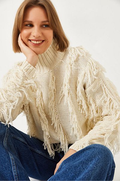 Bianco Lucci Rollkragenpullover mit Fransen für Damen 20246307