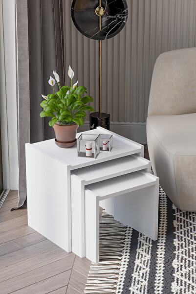 PDMPOİNT DOLAP MARKET 3lü' Kare Zigon Sehpa - Beyaz