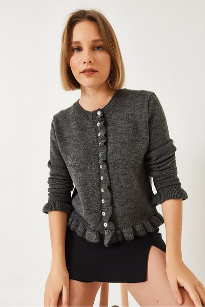 Bianco Lucci Women's Buttoned Ruffled Knitwear Cardigan 20246946