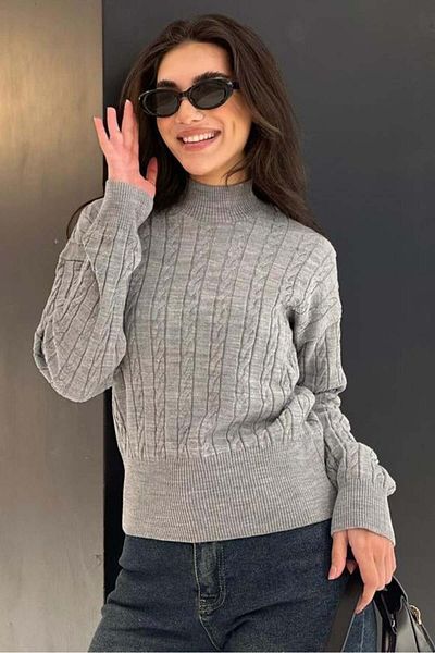 Madmext Gray Half Turtleneck Braided Knitwear Women's Sweater Mg2257