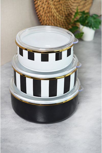 Bayev Enamel Set of 3 Black Striped - Storage Container 201336