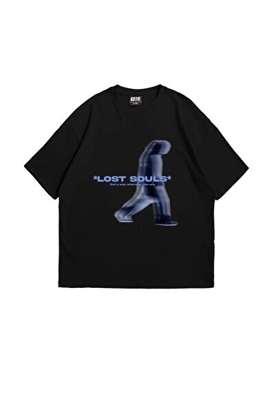 Bak Moda Tricou oversize negru unisex - Imprimat Lost Souls