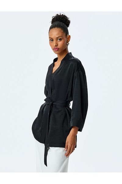Koton Viscose Loose Fit Long Wide Sleeve Belted Shawl Neck Kimono