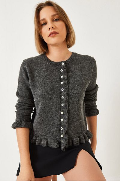 Bianco Lucci Women's Buttoned Ruffled Knitwear Cardigan 20246946