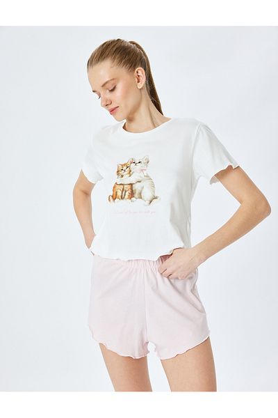 Koton Damen-Pyjama-Set aus Baumwolle mit Katzenmuster und Shorts