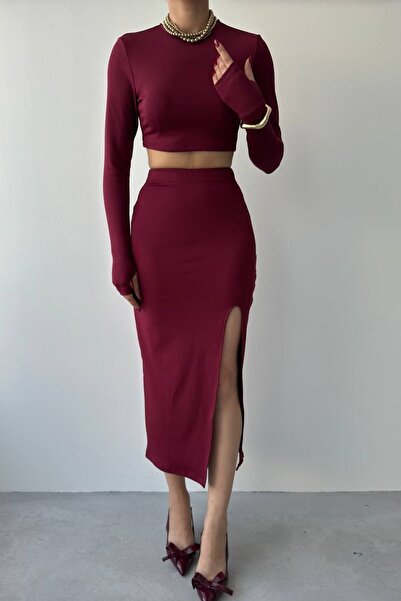 barış sülün lovebox Burgundy Crop Blouse and Slit Midi Skirt - Women's Suit 287