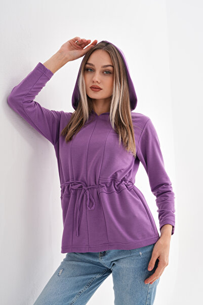 DEVRİMAY TEKSTİL Γυναικείο μωβ φούτερ με κουκούλα και κορδόνι στη μέση