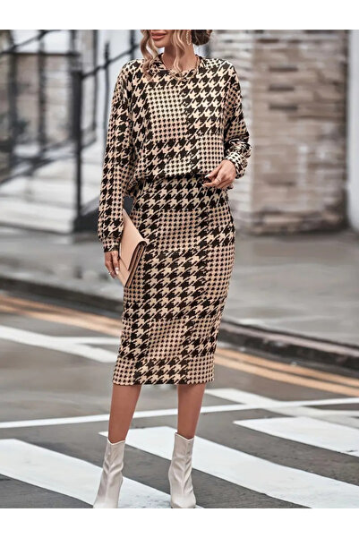 Bijuterria Women's Long Sleeve Crew Neck Ribbon Diver Blouse and Slit Midi Skirt Set