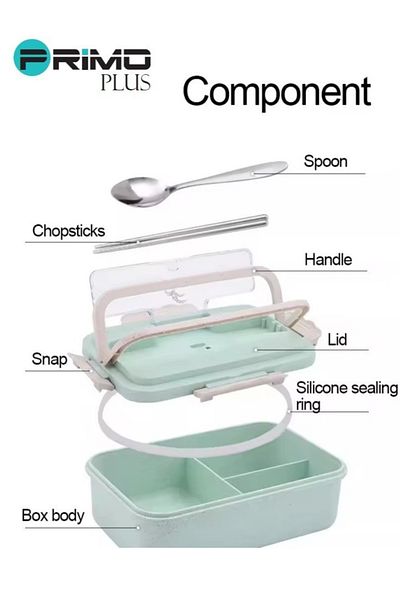 Primo Plus Plastic lunch box with assorted green spoon and chopsticks