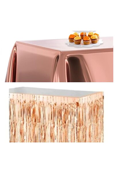 PartAntalya Gold Rose Parlak Masa Örtüsü 120-180 cm ve Rose Gold Masa Eteği