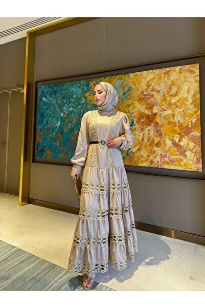 Genel Markalar Önü fırfırlı detaylı fistolu fushya elbise bej 8232