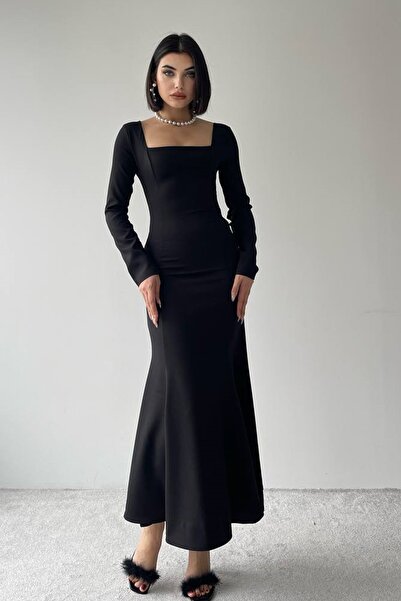 barış sülün lovebox Dámské černé midi šaty Atlas Fabric s dlouhým rukávem a čtvercovým výstřihem 288