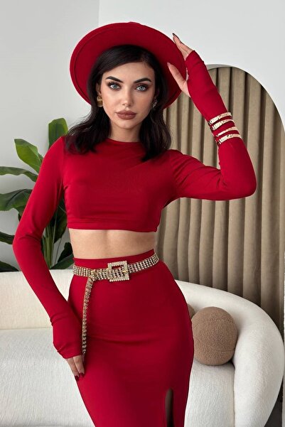 WOMAN VISION Kadın Kırmızı Esnek Kumaş El Geçmeli Crop Bluz ve Yırtmaçlı Midi...