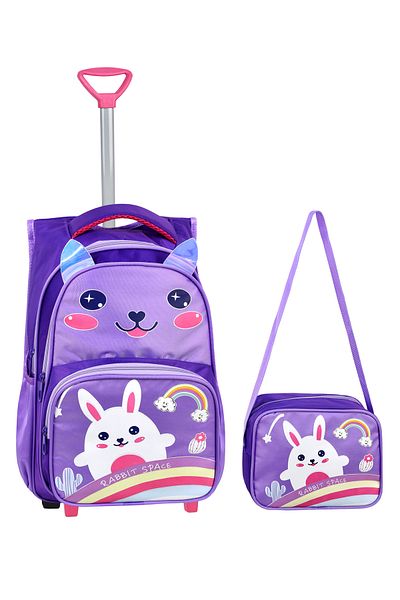 çantamgelsin Purple Rabbit Printed with Rickshaw, Orthopedic Back Feature, Primary School Bag + Lunch Box