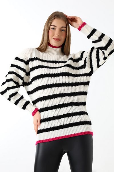Devinka Women's White Turtleneck Striped Oversize Knitwear Sweater