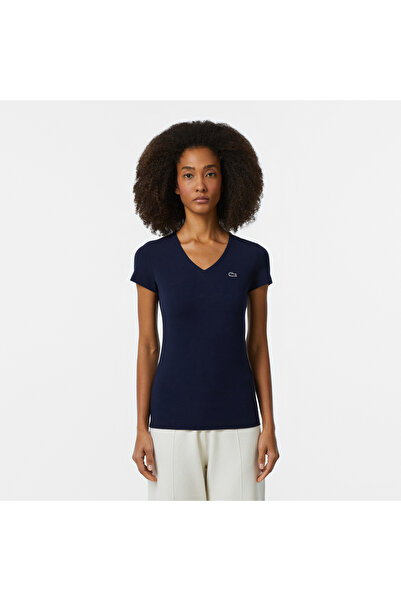 Lacoste Kadın Slim Fit V Yaka Lacivert T-Shirt