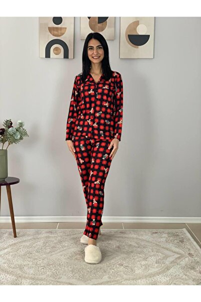 YusGos Women's Teddy Bear Patterned Suede Buttoned Plaid Pajama Set