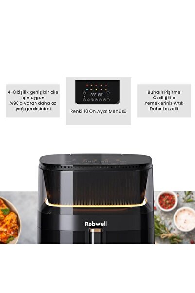 Robwell Robx Rxo5 Son Teknoloji Otomatik Buhar Püskürtmeli Airfryer 10 Renkli Işıklı Menü
