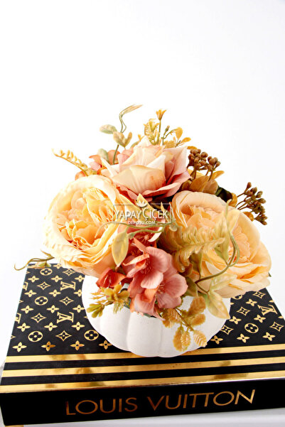 Yapay Çiçek Deposu Peony Rose and Hydrangea Flower Arrangement with Garnish in Concrete Flower Pot Melon Inside