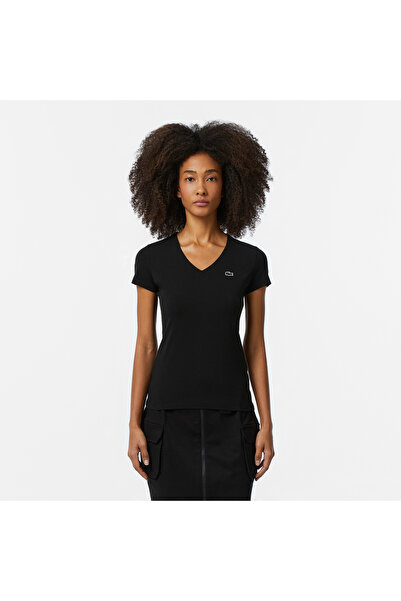 Lacoste Kadın Slim Fit V Yaka Siyah T-Shirt