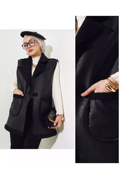 Butik Eylül Faux Leather Vest with Fur Inside