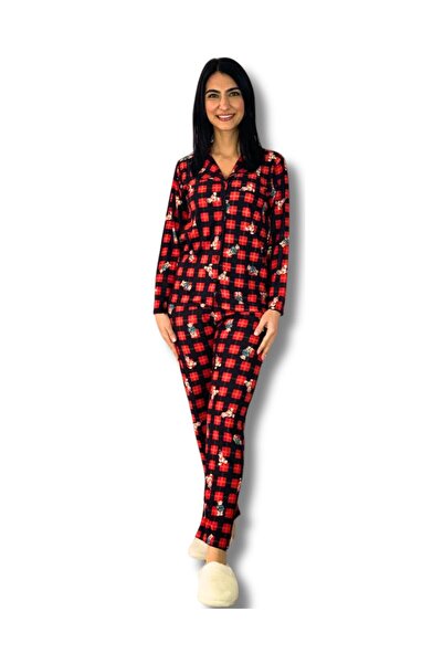 YusGos Women's Teddy Bear Patterned Suede Buttoned Plaid Pajama Set