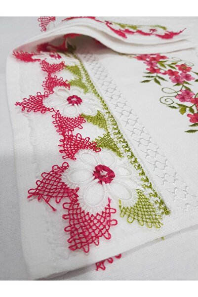 Fiesta El İşleme İğne Oyalı Dantelli Havlu Kırmızı