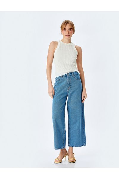Koton High Waist Button Pockets Short Wide Leg Denim Pants - Crop Wide Leg Jeans