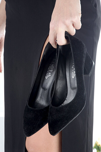 leopar by çetinay Μαύρα σουέτ γυναικεία παπούτσια με τακούνι