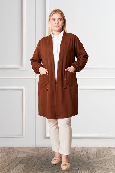Ferace Large Size Women's Organ Cardigan - Celik Ottoman Brown