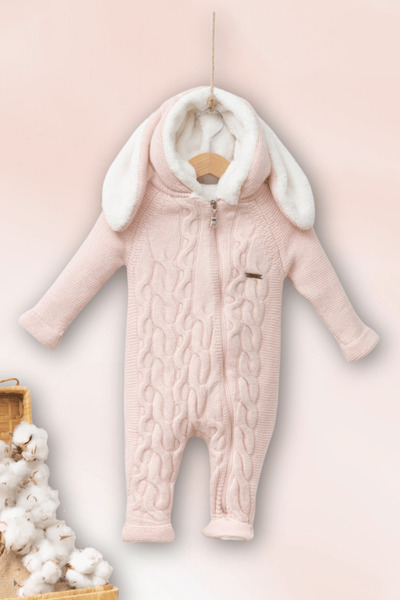 CreativeBebe Winter Rabbit Print Plush Pompom Hooded Long Sleeve Knitwear Baby Romper - Welsoft