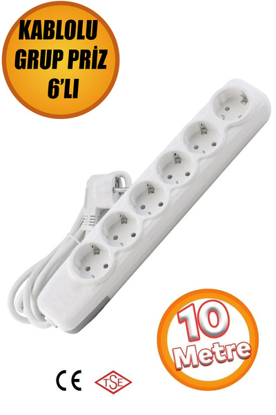 NUBLADO 6'lı Grup Priz - (10 METRE) Kablolu Topraklı Fiş Çoğaltıcı Çoklu Uzat...