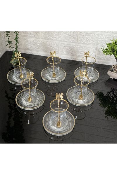 atabey home طقم شاي 18 قطعة شاي فراشة ذهبي مع ملعقة 6 أكواب 6 صحون 6 ملاعق
