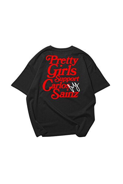 SVART WEAR تي شيرت كارلوس ساينز أسود كبير الحجم مطبوع عليه توقيع للجنسين