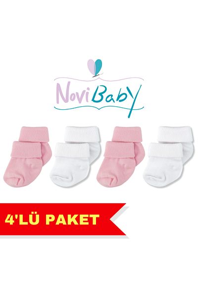 Novibaby 4-Piece Bamboo Baby Socks, Newborn Baby Socks, Girls Boys, White Pink Ecru