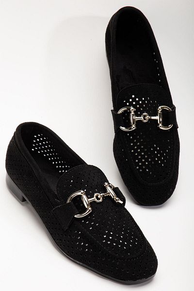 Aymood Black Suede 401 Model Perforated Daily Women's Ballerinas