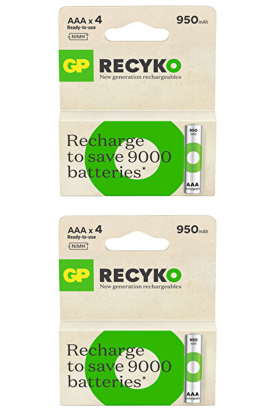 GP Batteries Recyko 950 AAA İnce Kalem Ni-Mh Şarjlı Pil, 1.2 Volt, 8 Adet Pil
